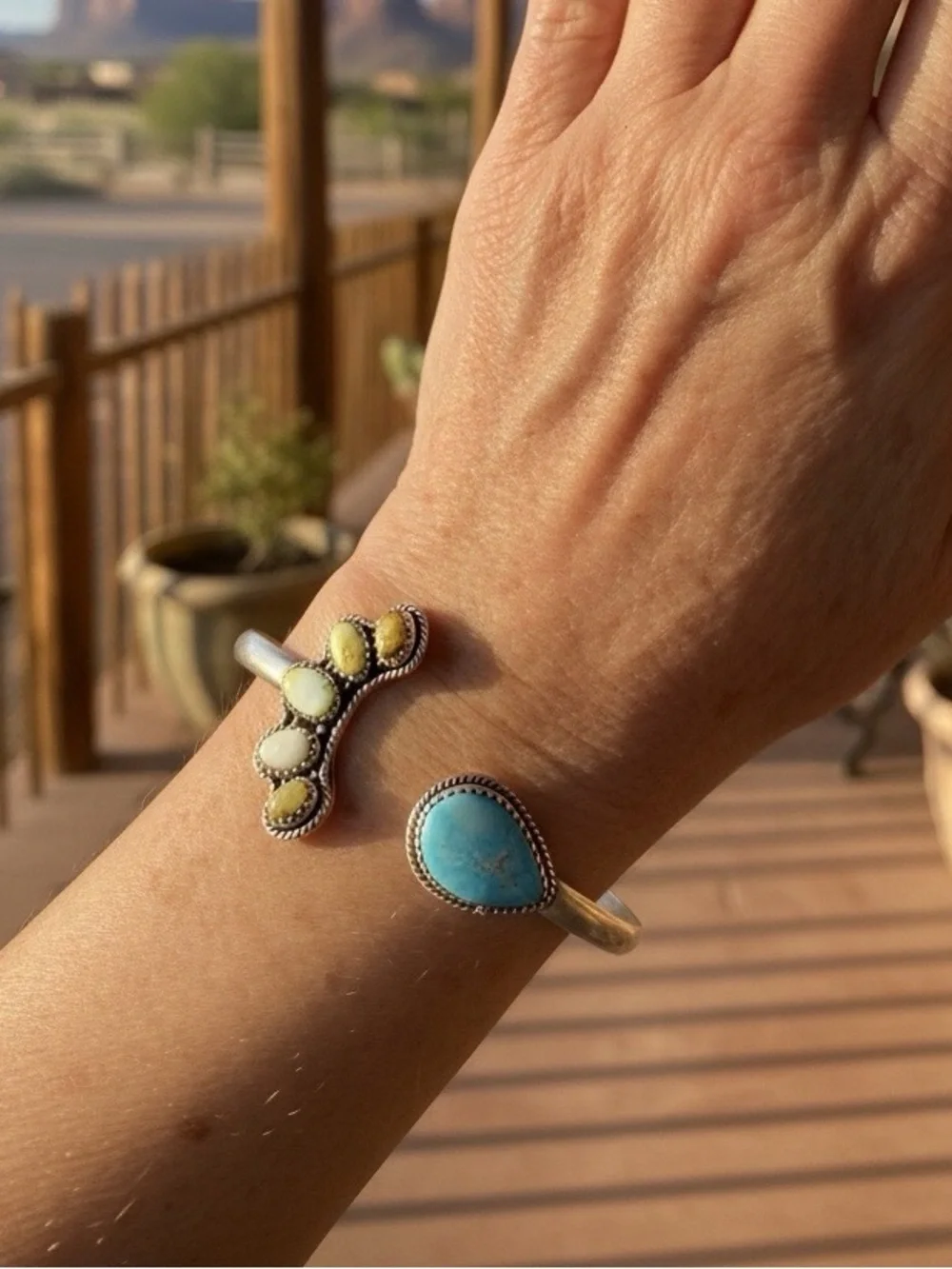 Sterling Silver Cuff Bracelet with Turquoise Teardrop and Paloma turquoise Stone